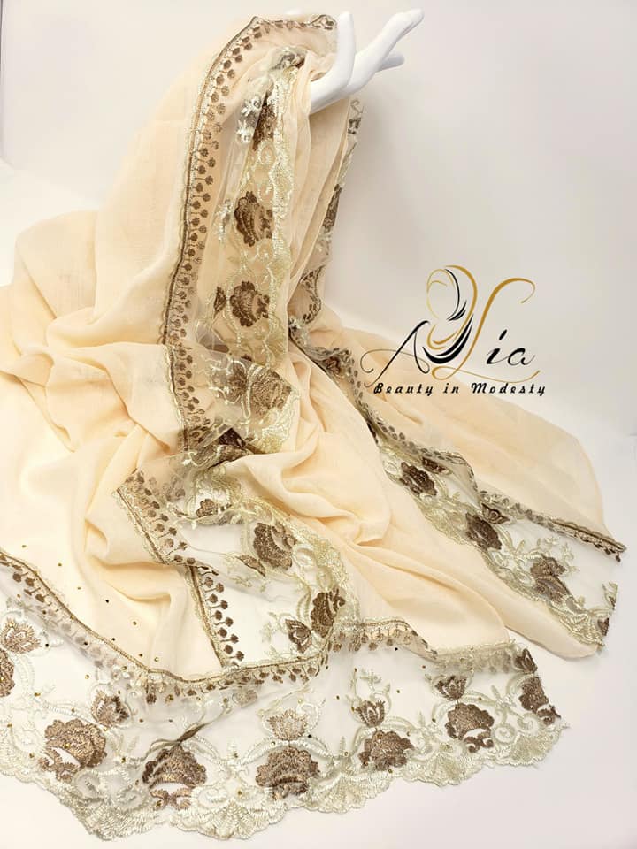 Peach/Golden Brown Flowers Light Cotton & Tulle Embroidered Shawl