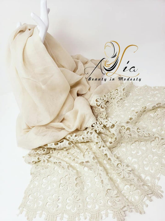 Light Beige Soft Cotton Flower French Lace Shawl