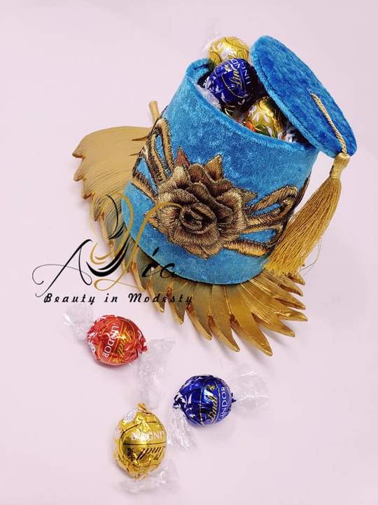 Azure Blue Big Size Fez Hat 3D Flower Guest Serving Velvet Container